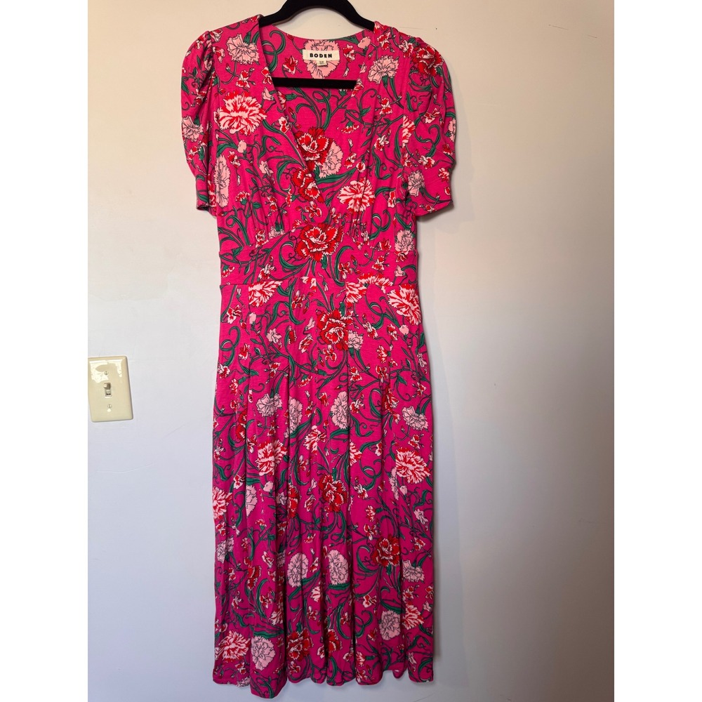 Boden Kristen Pleated Jersey Dress Pink Floral Midi V-Neck Puff Sleeve 8P D1054